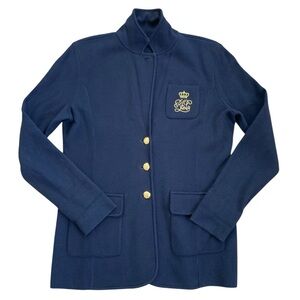 Vintage Lauren Ralph Lauren Knit Blazer Crest Coat Jacket Large Blue Button